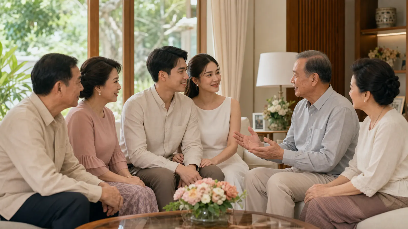 ครอบครัวสองฝ่ายพูดคุยกันอย่างมีความสุข