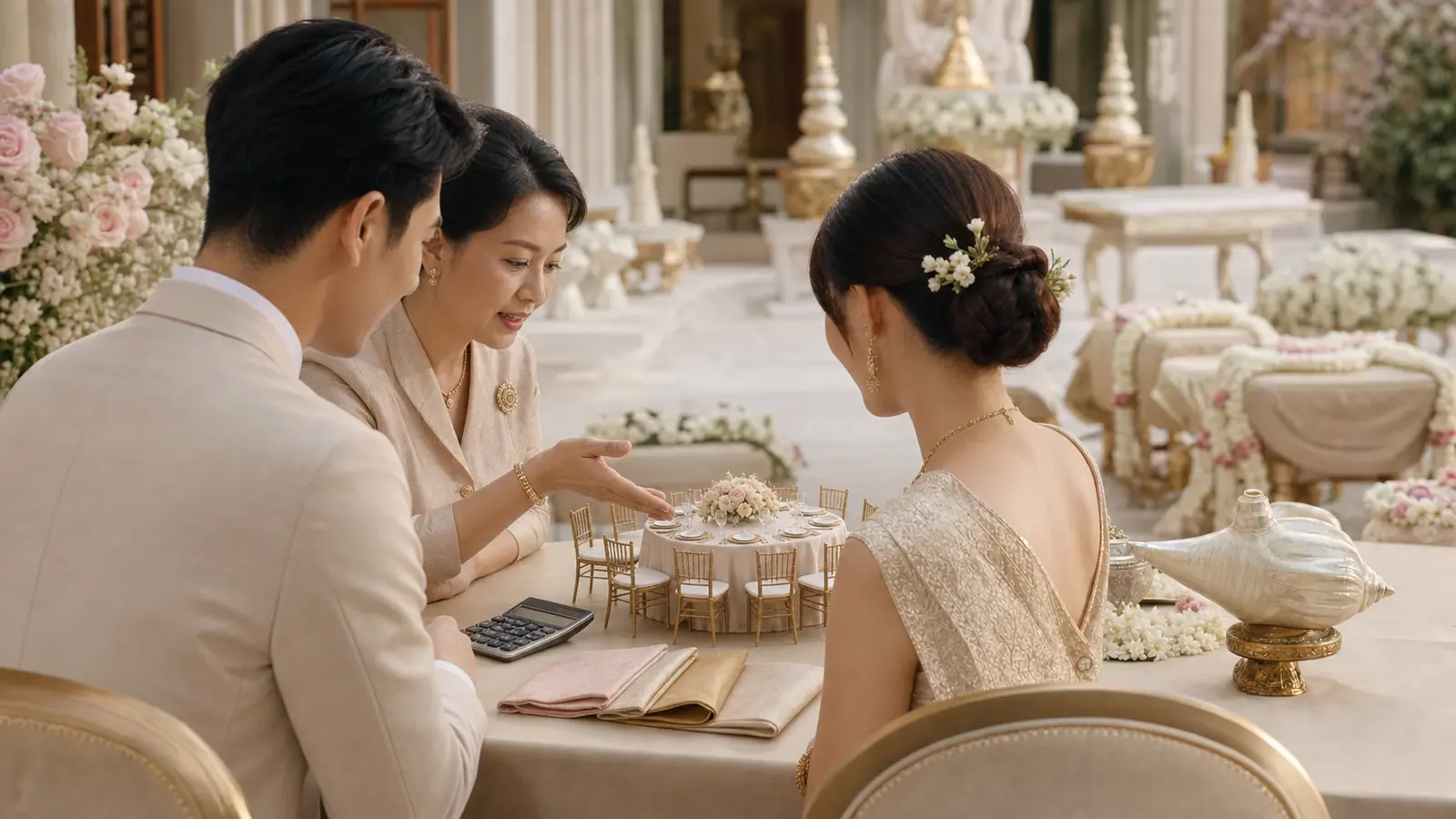 คู่บ่าวสาวไทยวางแผนงานร่วมกันหน้าชุดพิธีรดน้ำสังข์