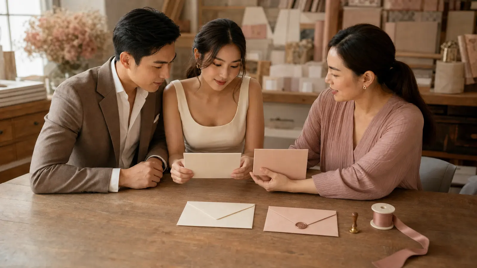 คู่รักไทยเปรียบเทียบการ์ด ซอง ริบบิ้น และตราประทับกับนักออกแบบ