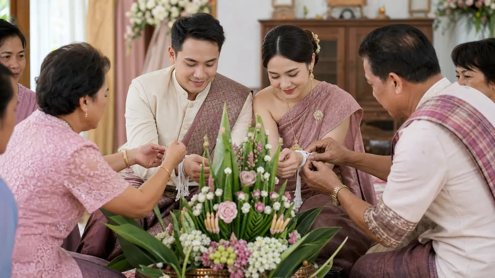 ผู้ใหญ่ผูกข้อมืออวยพรคู่บ่าวสาวอีสานข้างพานบายศรี