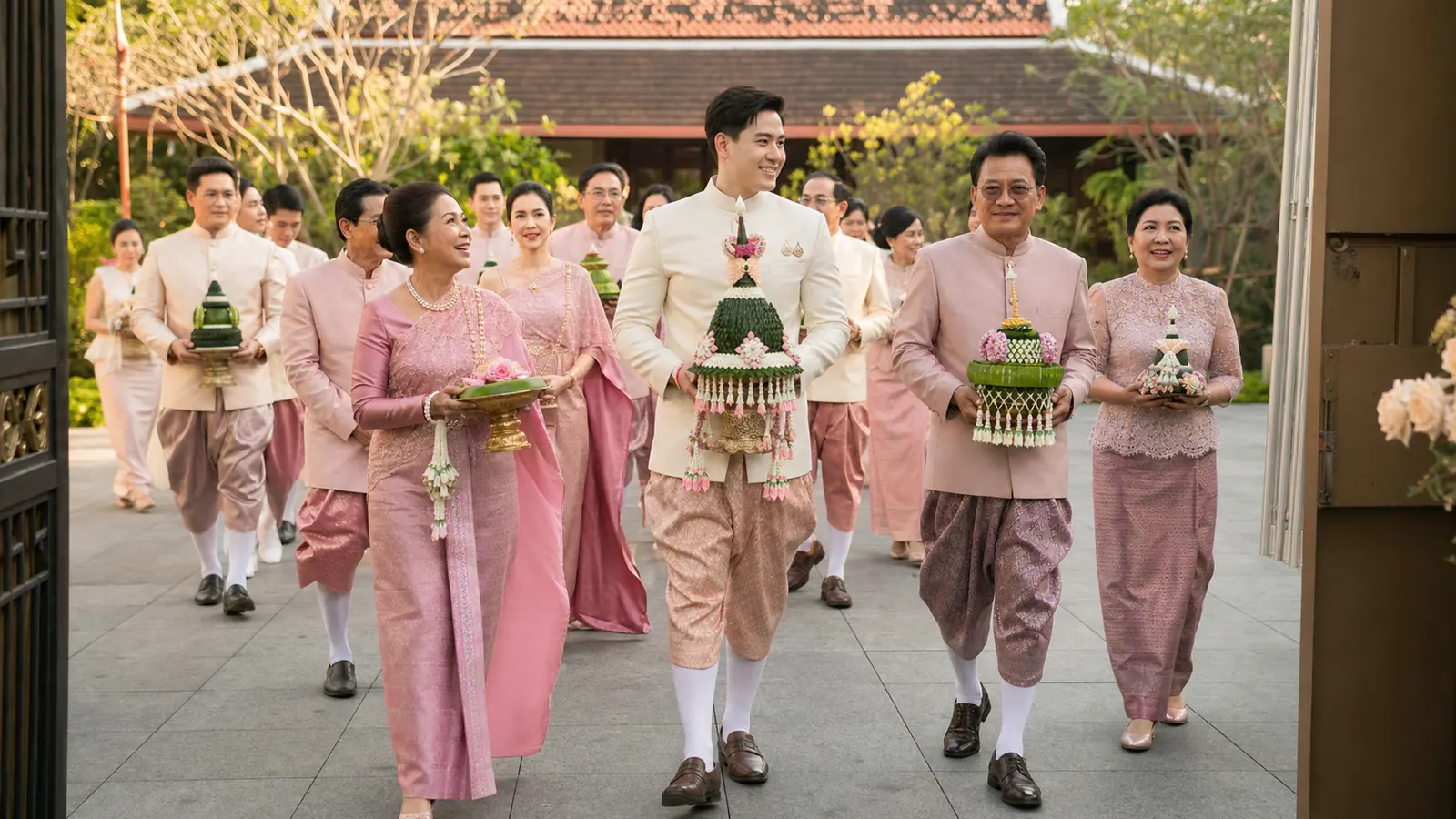 ขบวนขันหมากไทยถือพานมงคลเดินเข้าสถานที่จัดพิธี