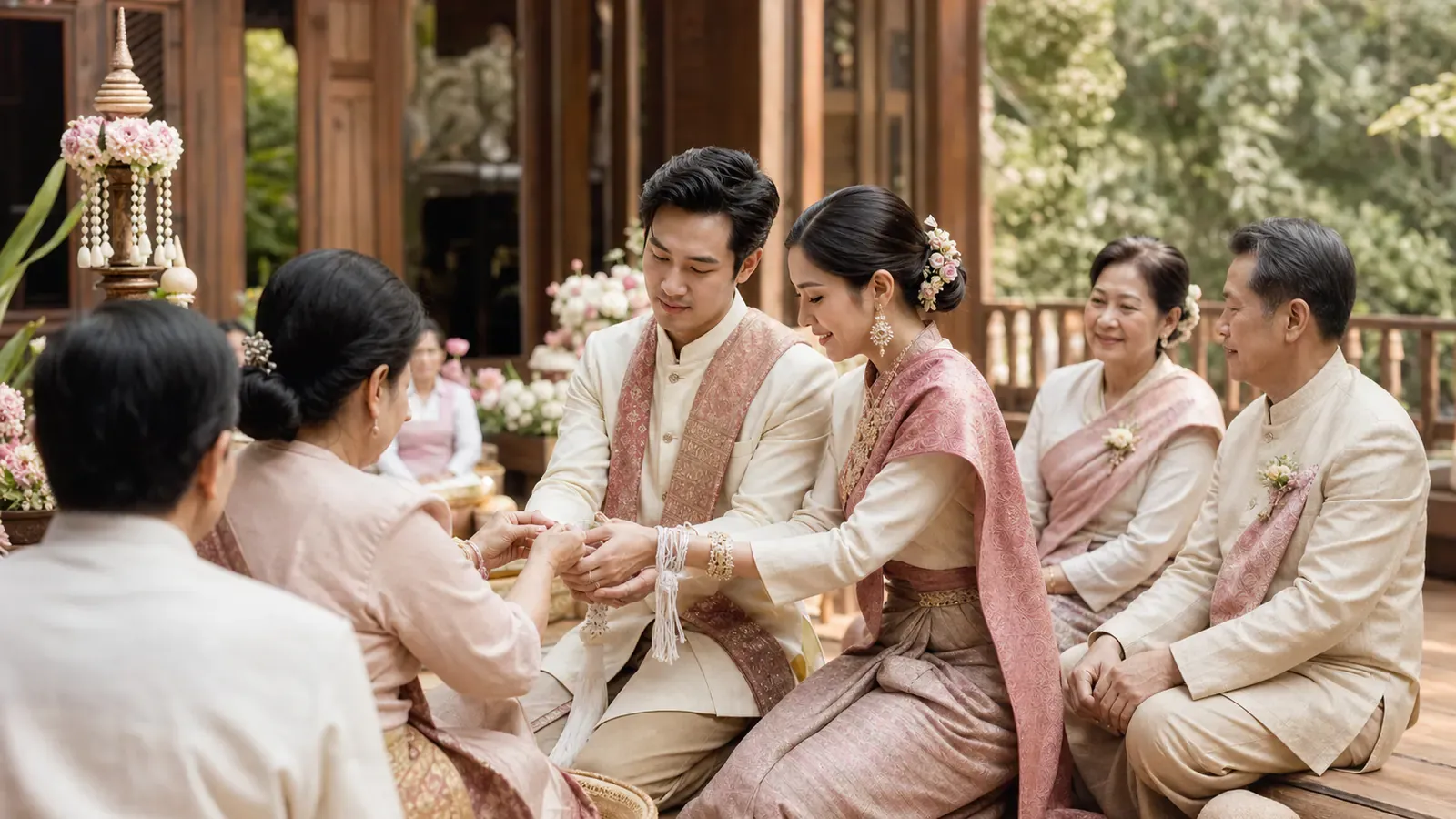 ผู้ใหญ่ผูกข้อมืออวยพรคู่บ่าวสาวล้านนาในเรือนไม้แบบภาคเหนือ