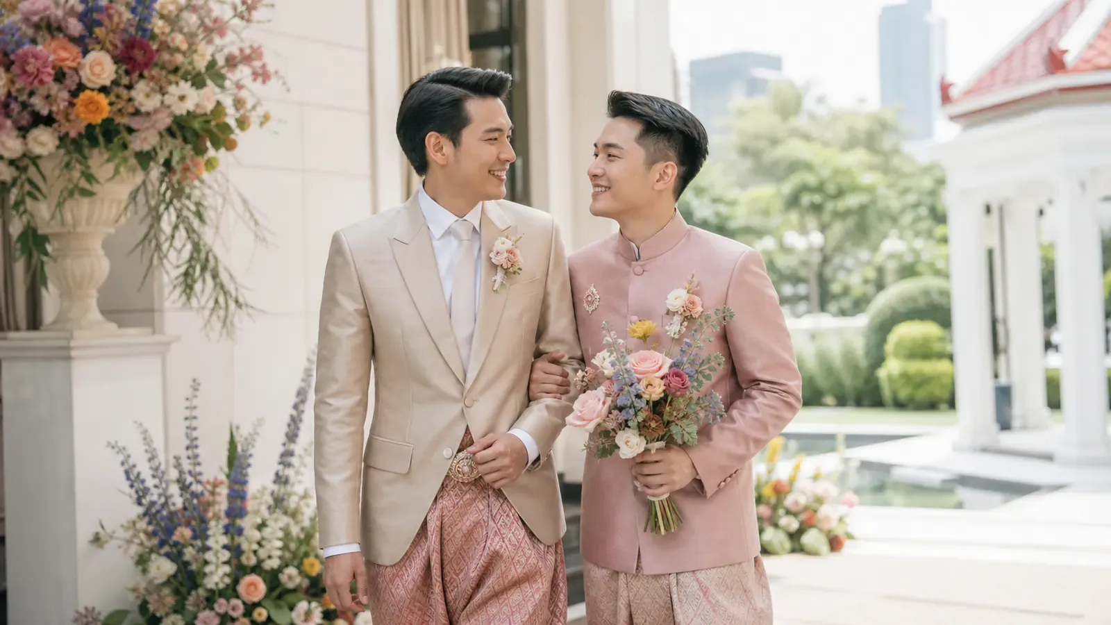 คู่รักชายไทยในชุดแต่งงานโทนครีมและชมพูยืนเคียงกันในสวนพิธี