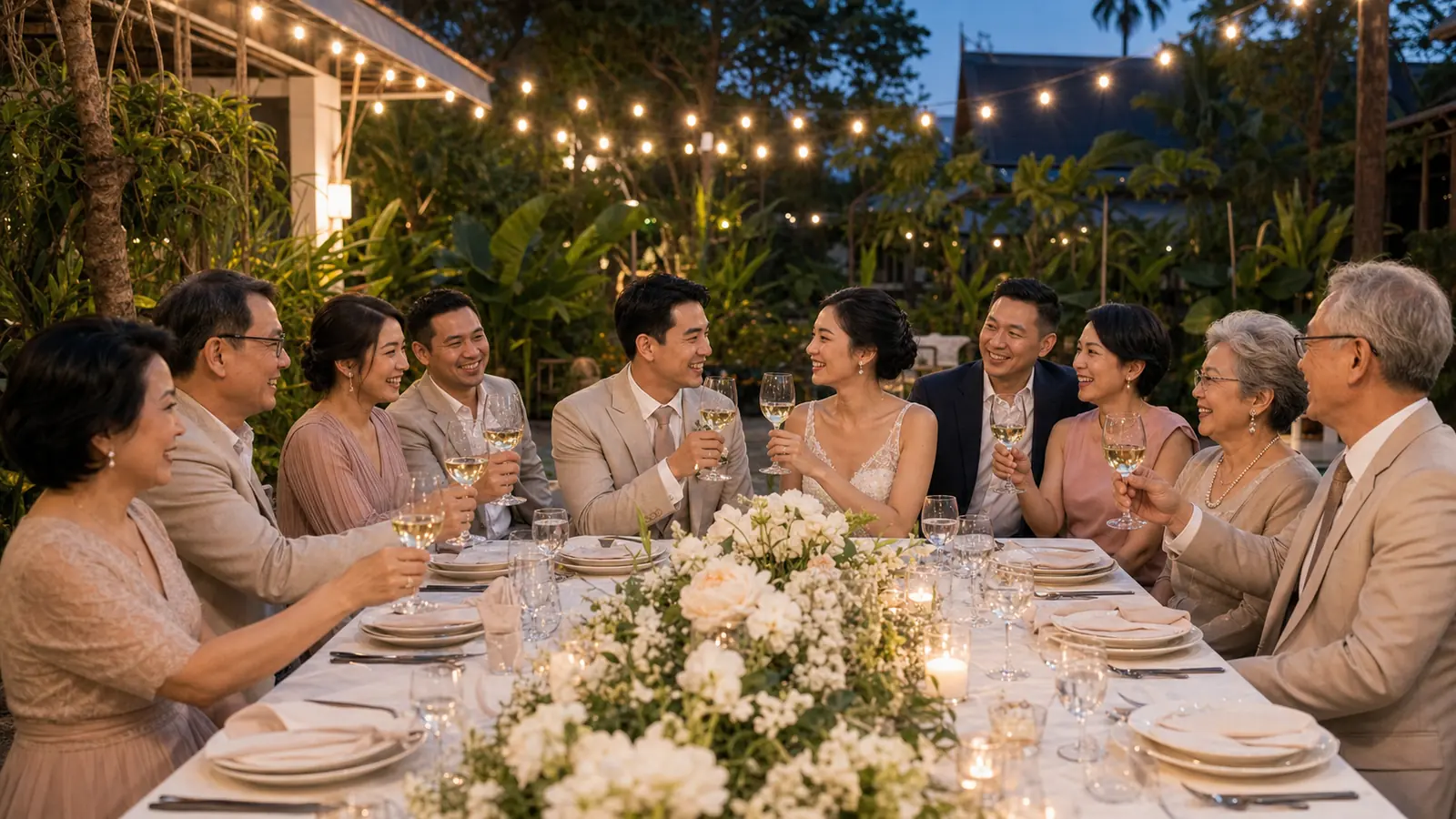คู่บ่าวสาวไทยฉลองงานแต่งขนาดเล็กกับแขกสนิทที่โต๊ะยาว