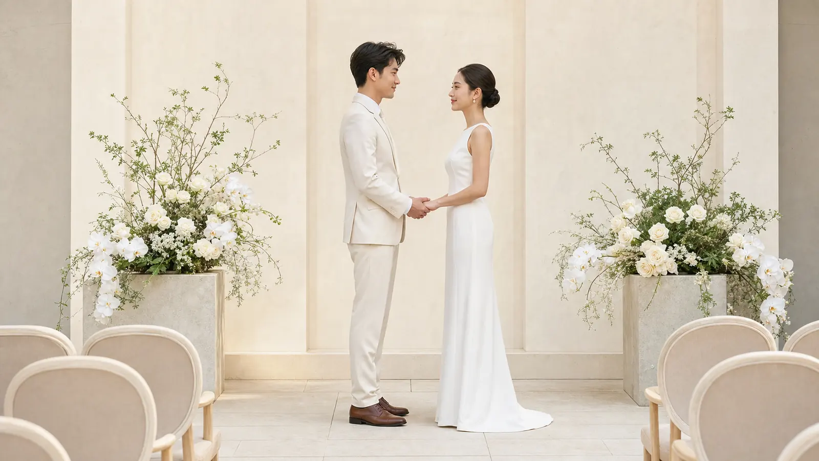 คู่บ่าวสาวในพิธีมินิมอลที่ตกแต่งด้วยดอกไม้สีครีมอย่างเรียบง่าย