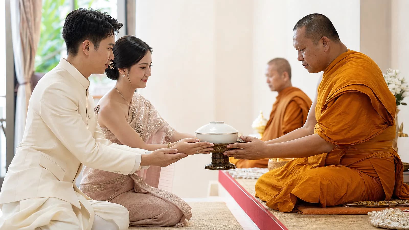 คู่บ่าวสาวไทยถวายภัตตาหารแด่พระสงฆ์ในพิธีเช้า