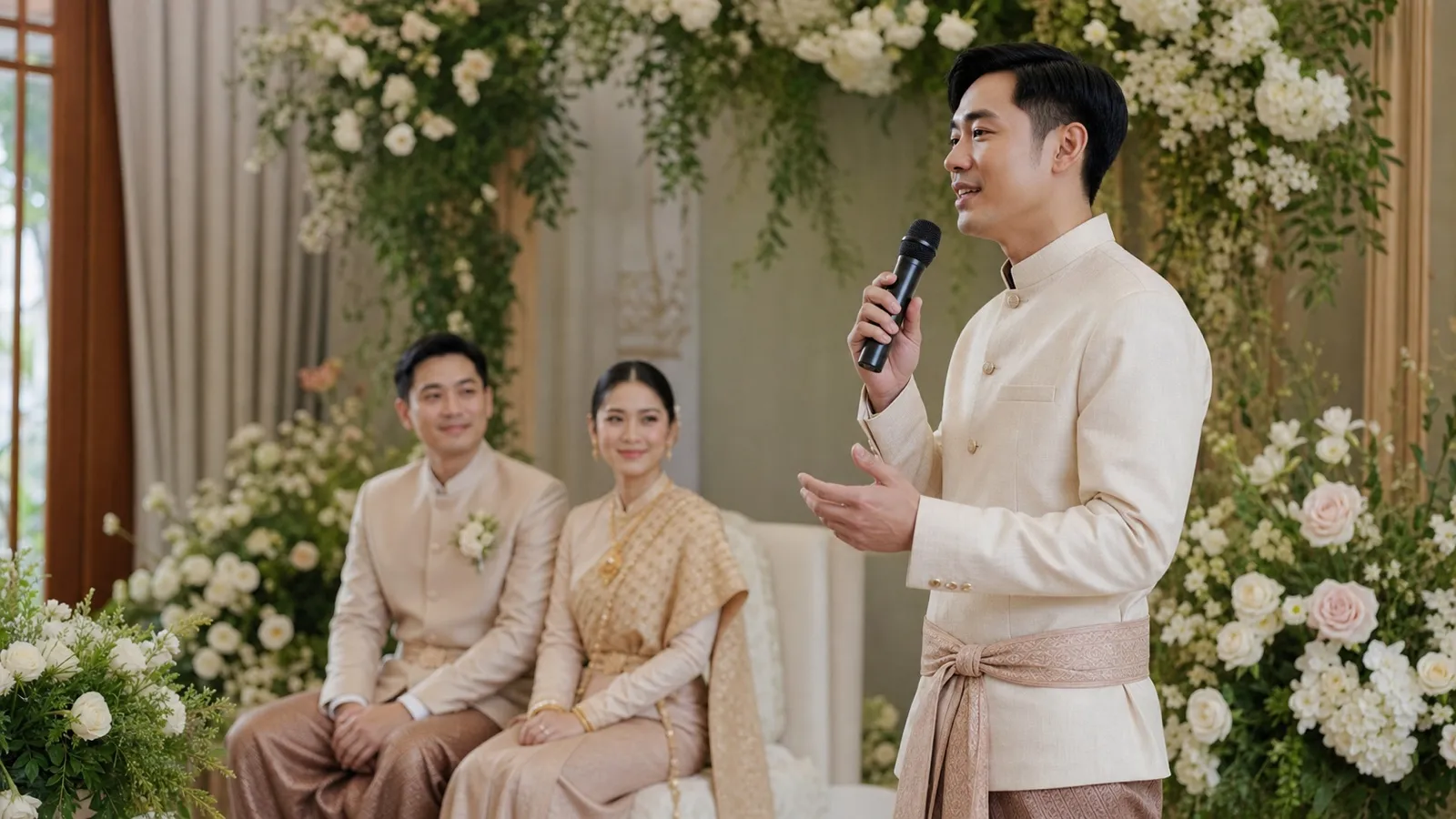 ขบวนขันหมากและพานทองประดับมาลัยในพิธีแต่งงานไทยช่วงเช้า