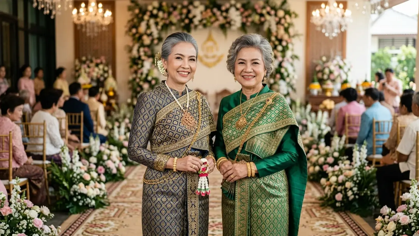 The mothers of the bride and groom looking elegant in beautiful modern Thai silk dresses at a wedding ceremony