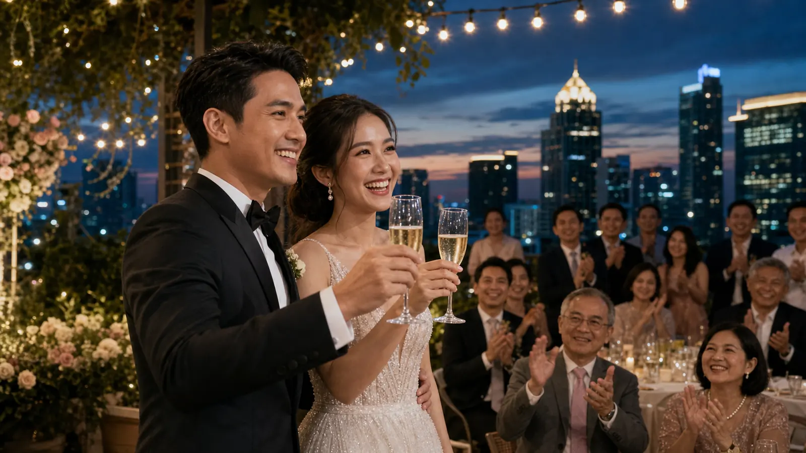 คู่รักไทยฉลองงานแต่งเฉพาะช่วงเย็นในบรรยากาศอบอุ่น