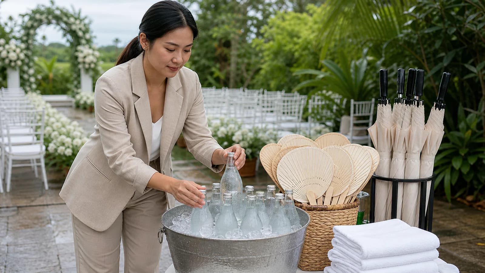 ผู้ประสานงานเตรียมร่ม พัด และน้ำดื่มสำหรับงานแต่งกลางแจ้ง
