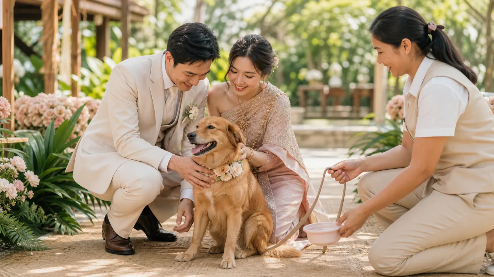 คู่บ่าวสาวในชุดไทยนั่งเล่นกับสุนัขโกลเด้นรีทรีฟเวอร์ที่สวมปลอกคอดอกไม้