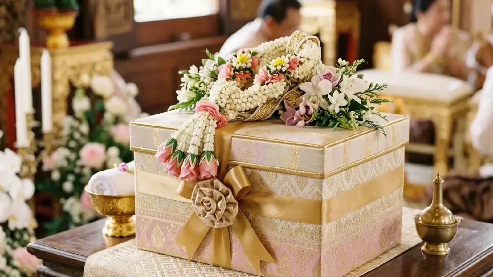 กล่องของรับไหว้สีทองชมพูสุดหรูประดับด้วยพวงมาลัยสำหรับพิธีแต่งงานไทย