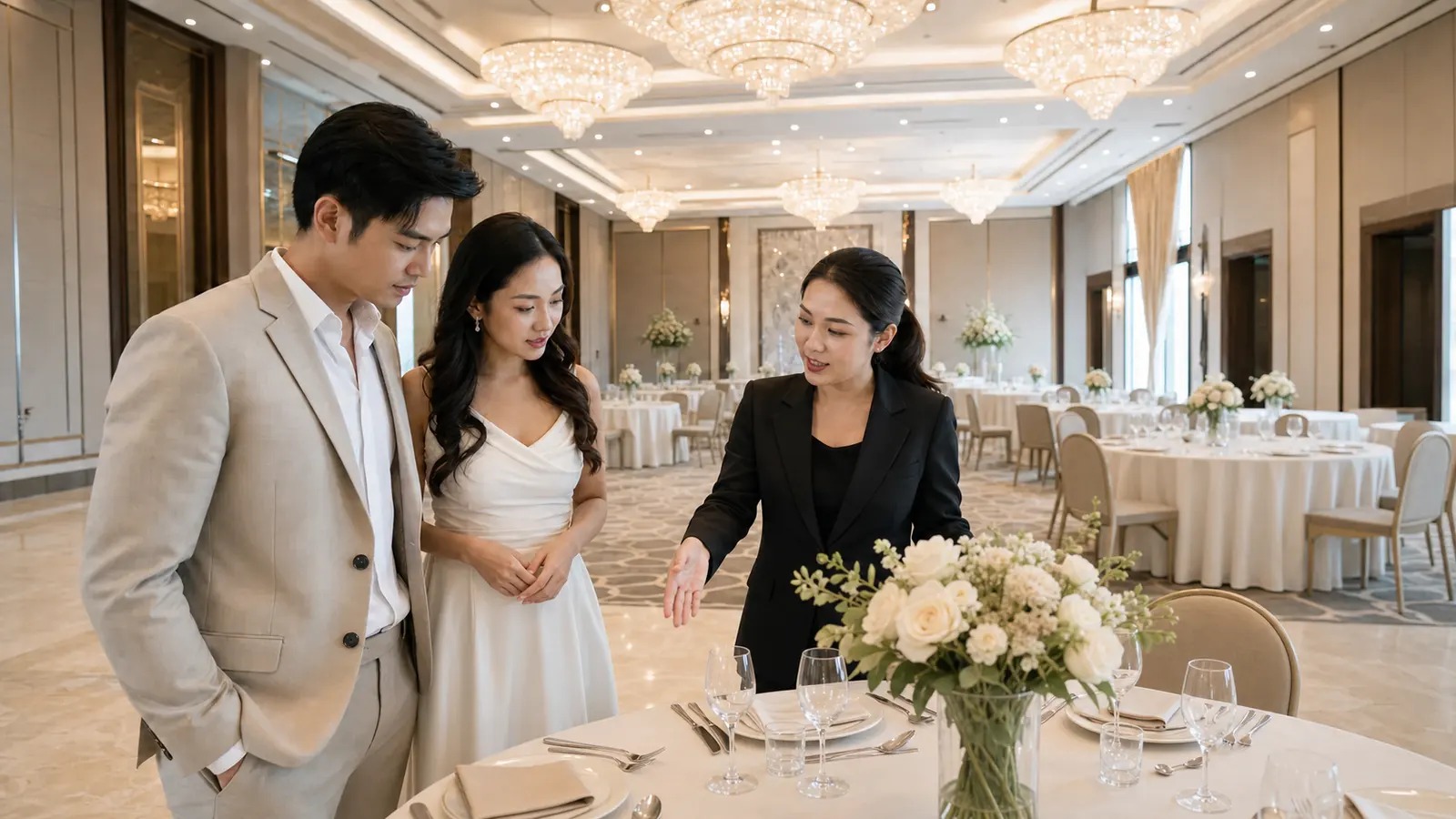 คู่รักไทยสอบถามรายละเอียดโต๊ะตัวอย่างในห้องจัดเลี้ยงกับผู้จัดการสถานที่