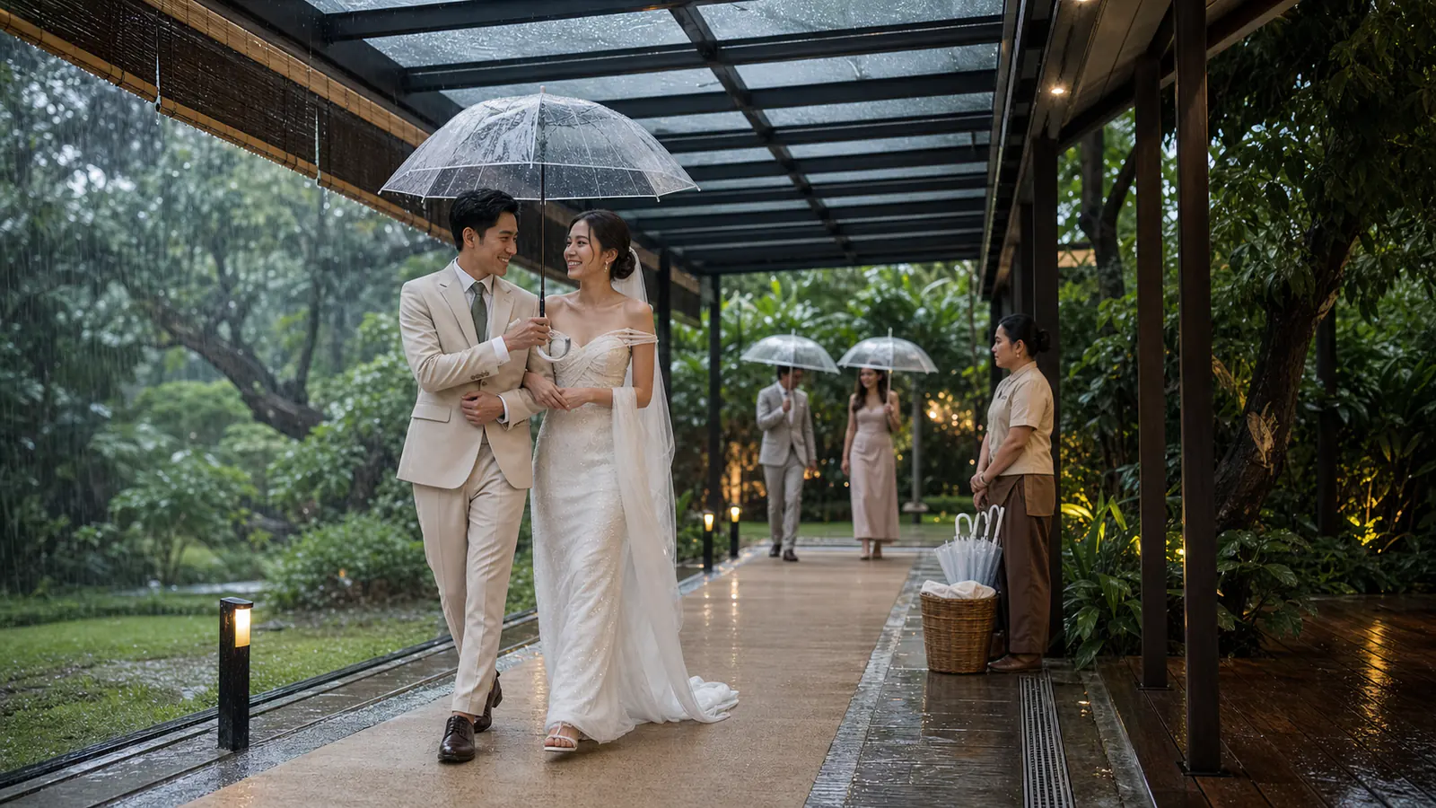งานแต่งไทยหน้าฝนใช้ร่มใสและทางเดินมีหลังคาอย่างเป็นระบบ