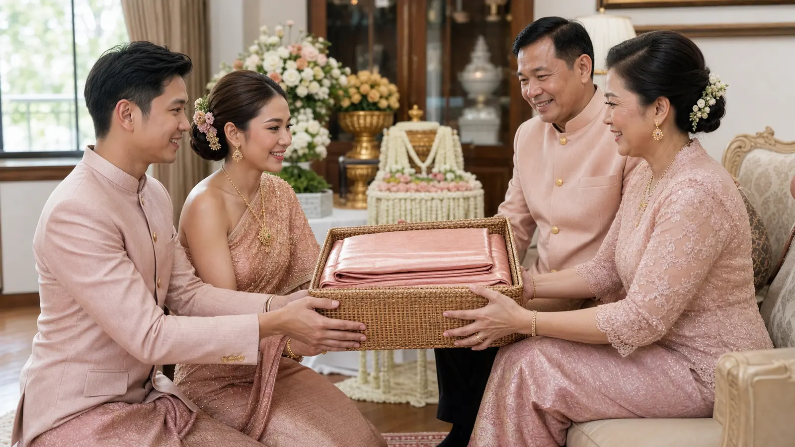คู่บ่าวสาวไทยมอบของรับไหว้ที่ห่ออย่างประณีตแก่ผู้ใหญ่