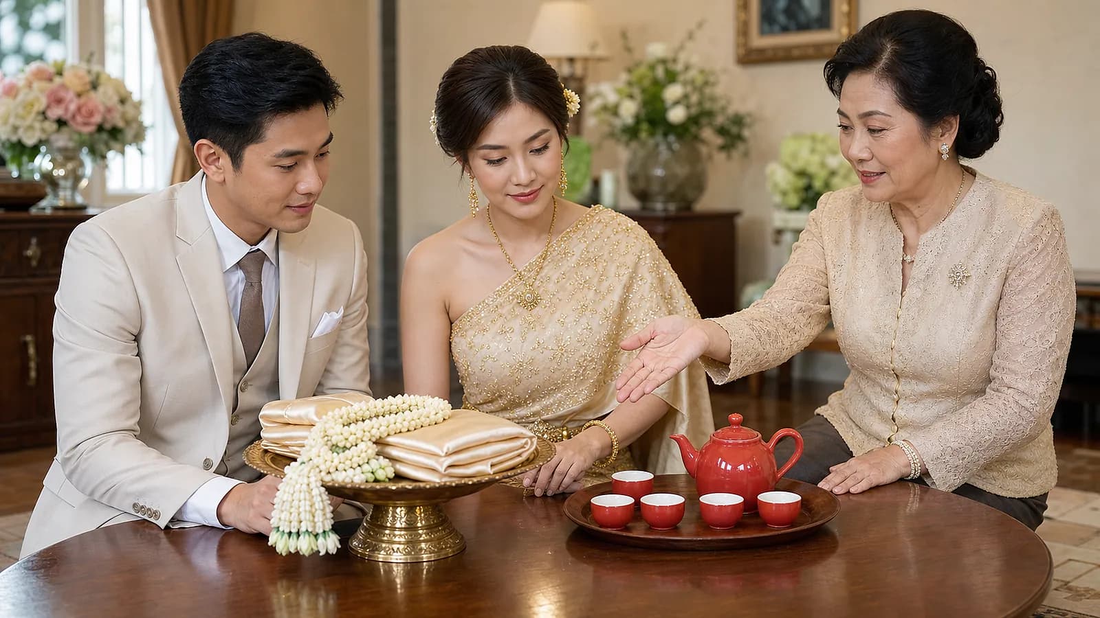 ครอบครัวไทยเปรียบเทียบชุดพิธีรับไหว้และพิธียกน้ำชา