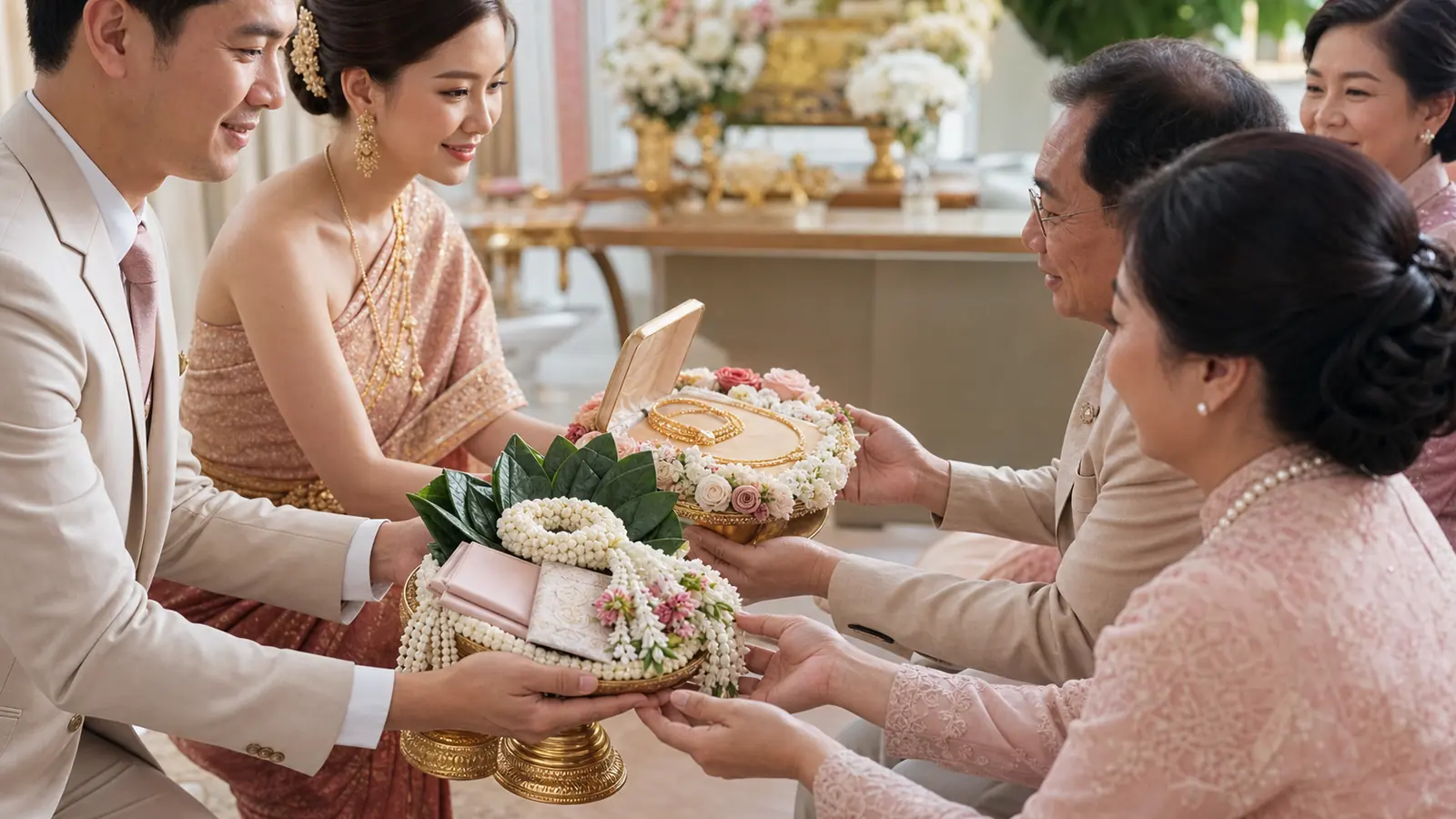 คู่บ่าวสาวไทยมอบพานสินสอดและเครื่องทองแก่ผู้ใหญ่ในพิธีหมั้น
