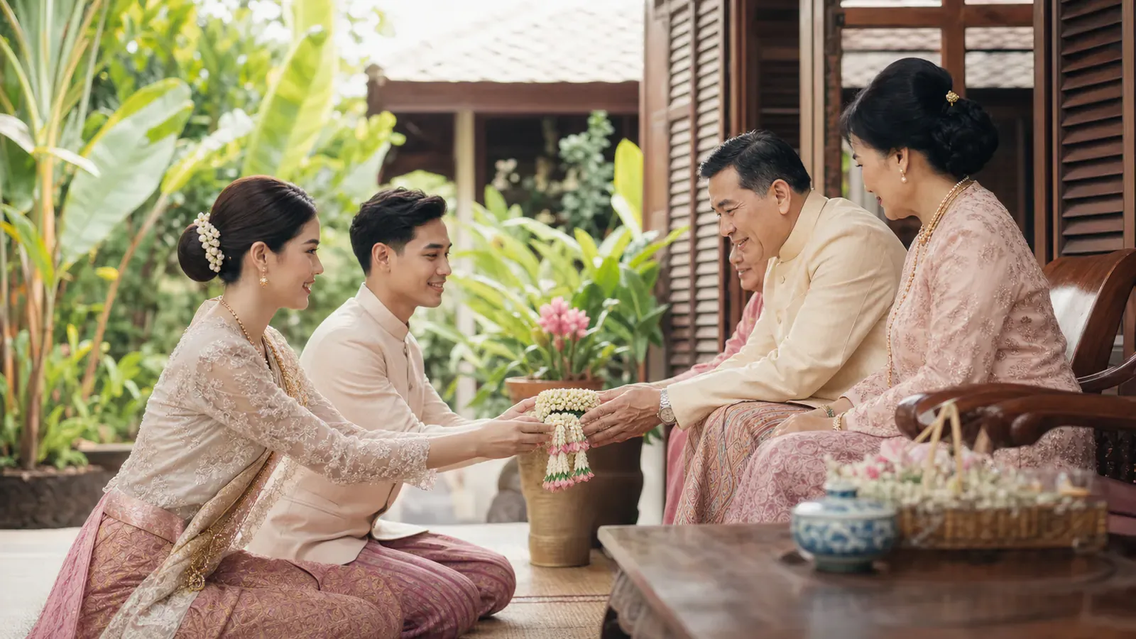 คู่บ่าวสาวภาคใต้รับพวงมาลัยมงคลจากผู้ใหญ่ในเรือนไทยท่ามกลางสวนเขตร้อน
