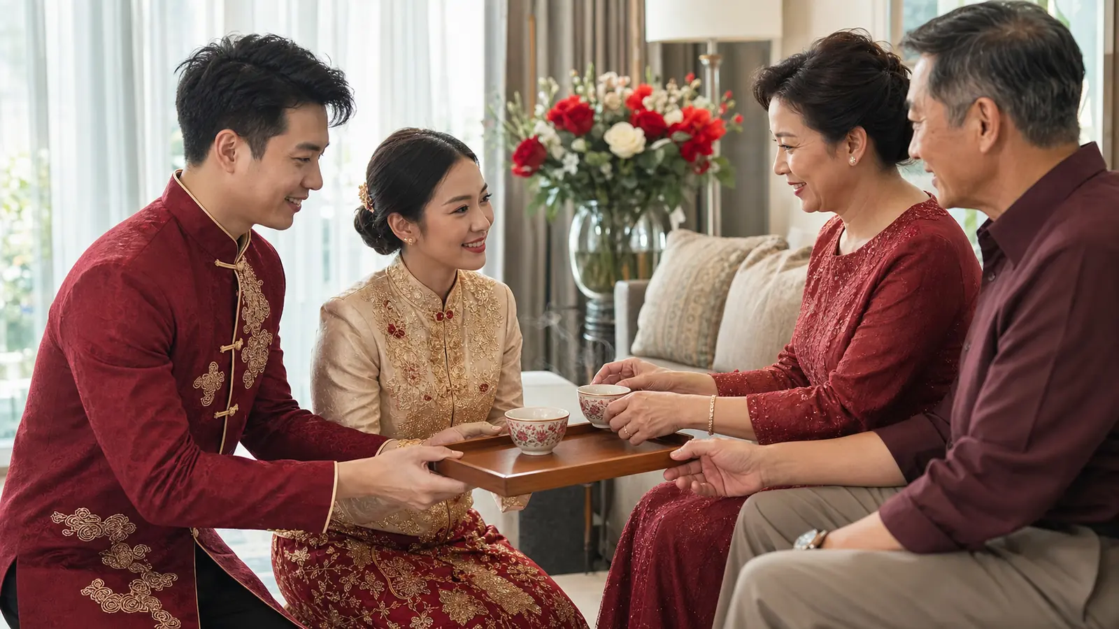คู่บ่าวสาวไทยจีนยกน้ำชาให้ผู้ใหญ่ที่นั่งรอรับพร