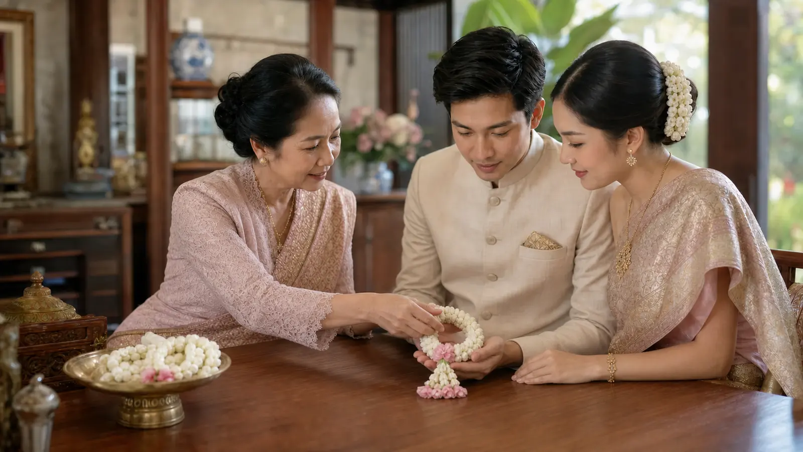 ผู้ใหญ่สวมมาลัยให้คู่บ่าวสาวในชุดไทยระหว่างพิธีมงคล