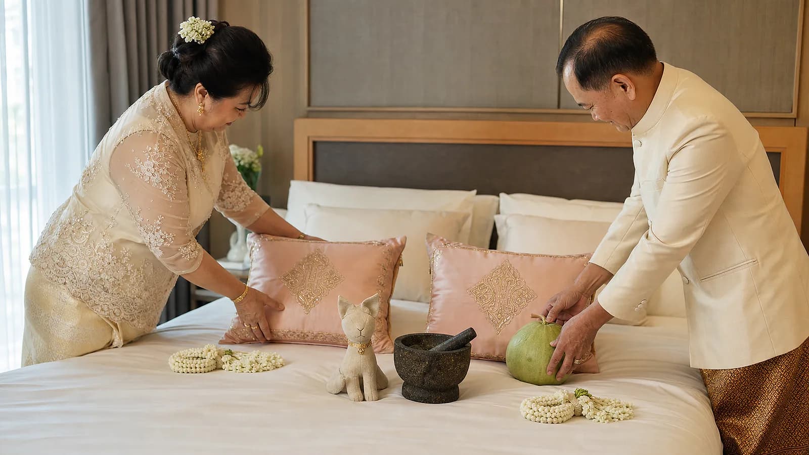 ผู้ใหญ่จัดเตรียมเตียงและของมงคลในพิธีส่งตัวเข้าหอ