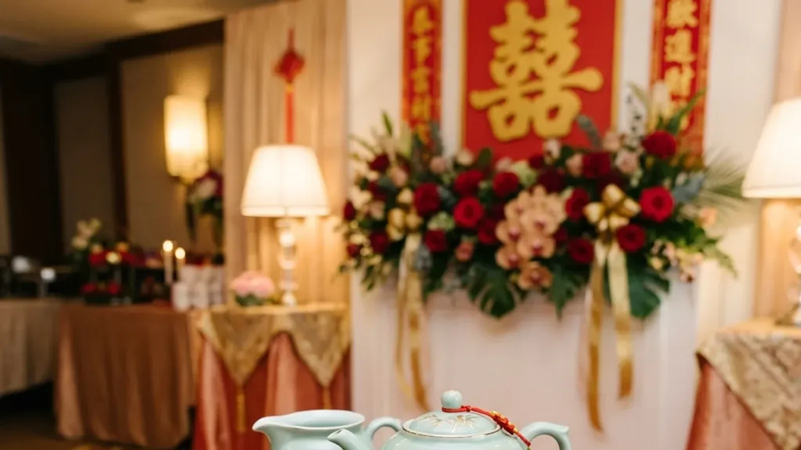 A celadon teapot and tea cups on a tray beside red money envelopes