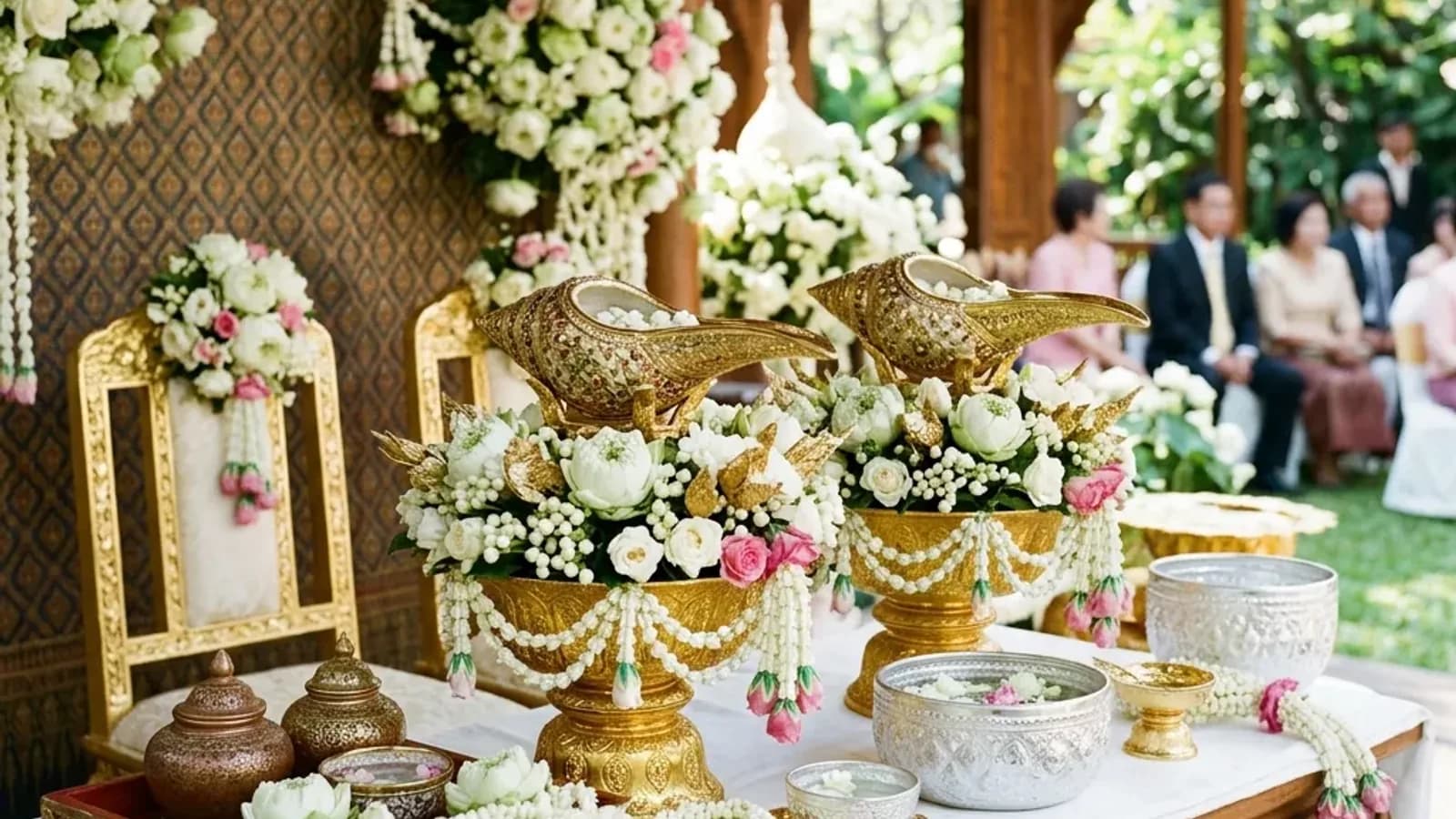 พานขันหมากทองประดับมาลัยดอกไม้ตั้งเรียงในพิธีแต่งงานไทย