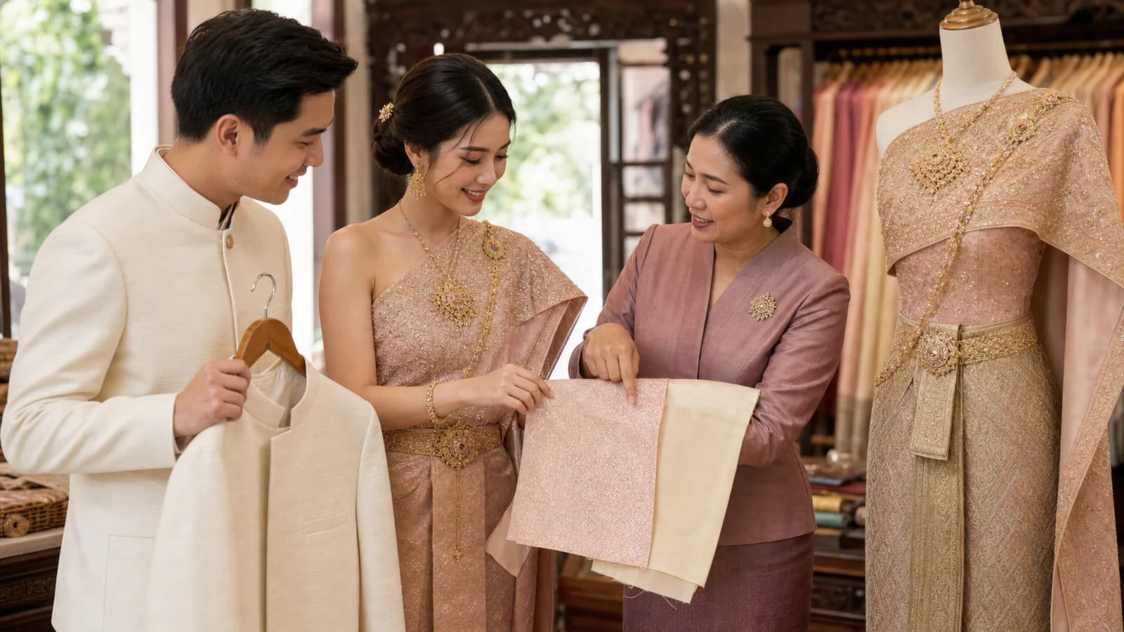 คู่บ่าวสาวเลือกชุดแต่งงานไทยจากผ้าไหมกับผู้เชี่ยวชาญ