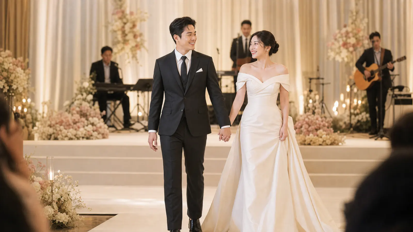 A bride and groom making a beautiful grand entrance surrounded by lights and live band music
