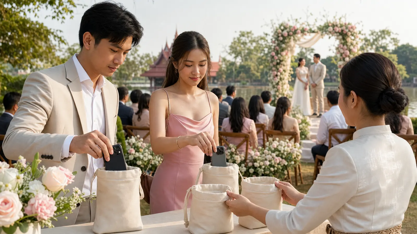 แขกงานแต่งไทยเก็บโทรศัพท์ลงถุงผ้าก่อนเข้าพิธีแบบไม่ใช้มือถือ
