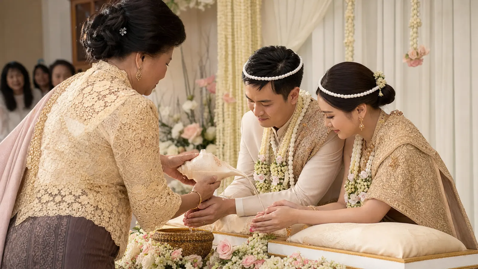 ผู้ใหญ่หลั่งน้ำสังข์อวยพรคู่บ่าวสาวในพิธีแต่งงานไทย