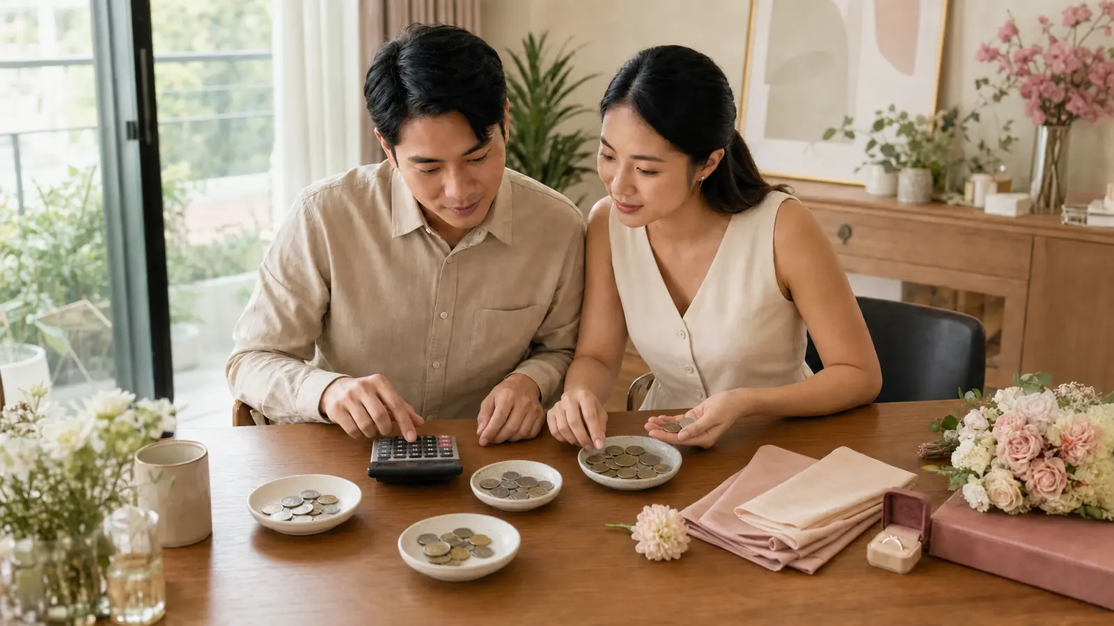 คู่รักไทยวางแผนงบงานแต่งด้วยเครื่องคิดเลข เหรียญ ดอกไม้ และตัวอย่างผ้า