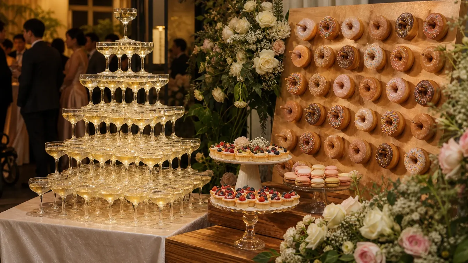 หอคอยแชมเปญและกำแพงโดนัทตั้งเป็นมุมของหวานแทนเค้กแต่งงาน