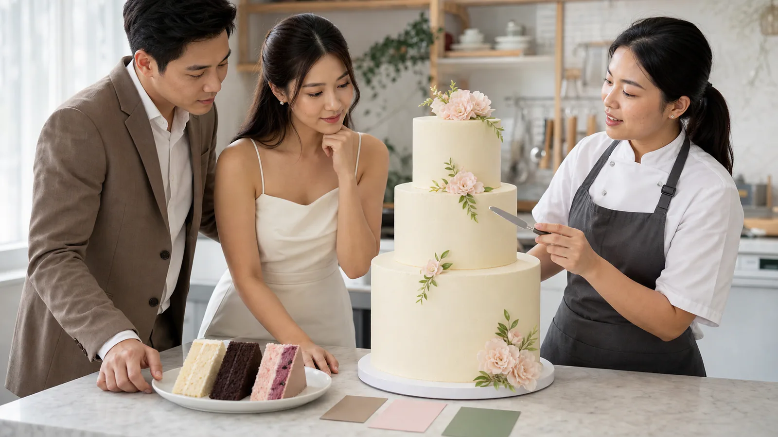คู่รักไทยออกแบบเค้กแต่งงานโทนครีมกับเชฟขนม