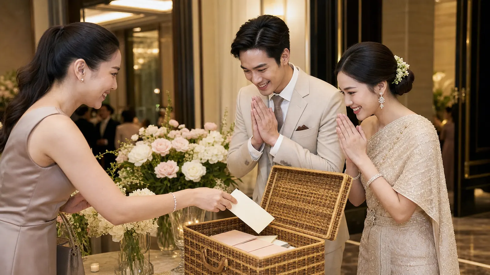 แขกงานแต่งชาวไทยใส่ซองของขวัญลงในกล่องสาน ขณะคู่บ่าวสาวยกมือไหว้ต้อนรับ