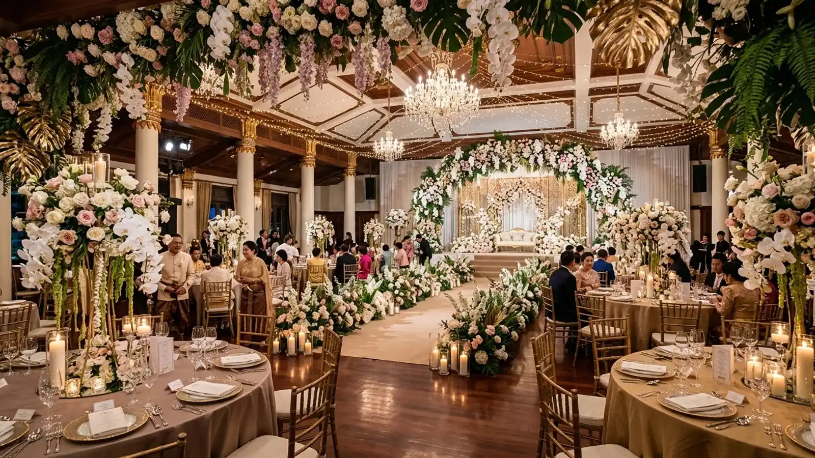 A beautifully decorated wedding reception venue with lush flowers and warm ambient lighting