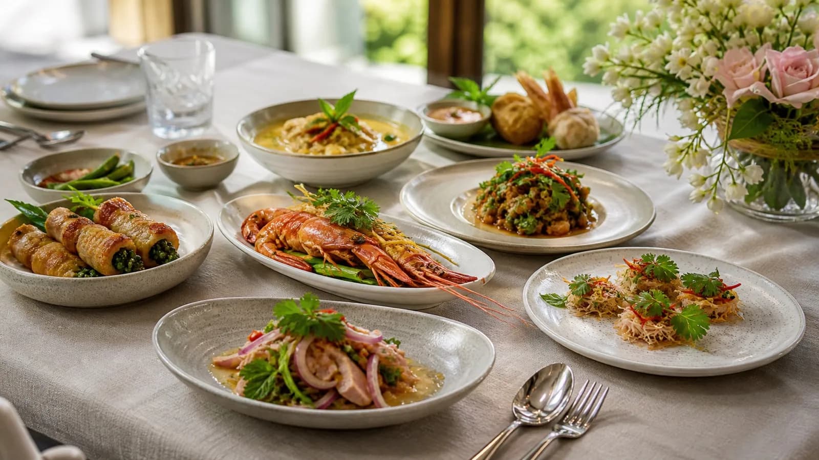 Plated fine-dining courses served with red wine along a long table