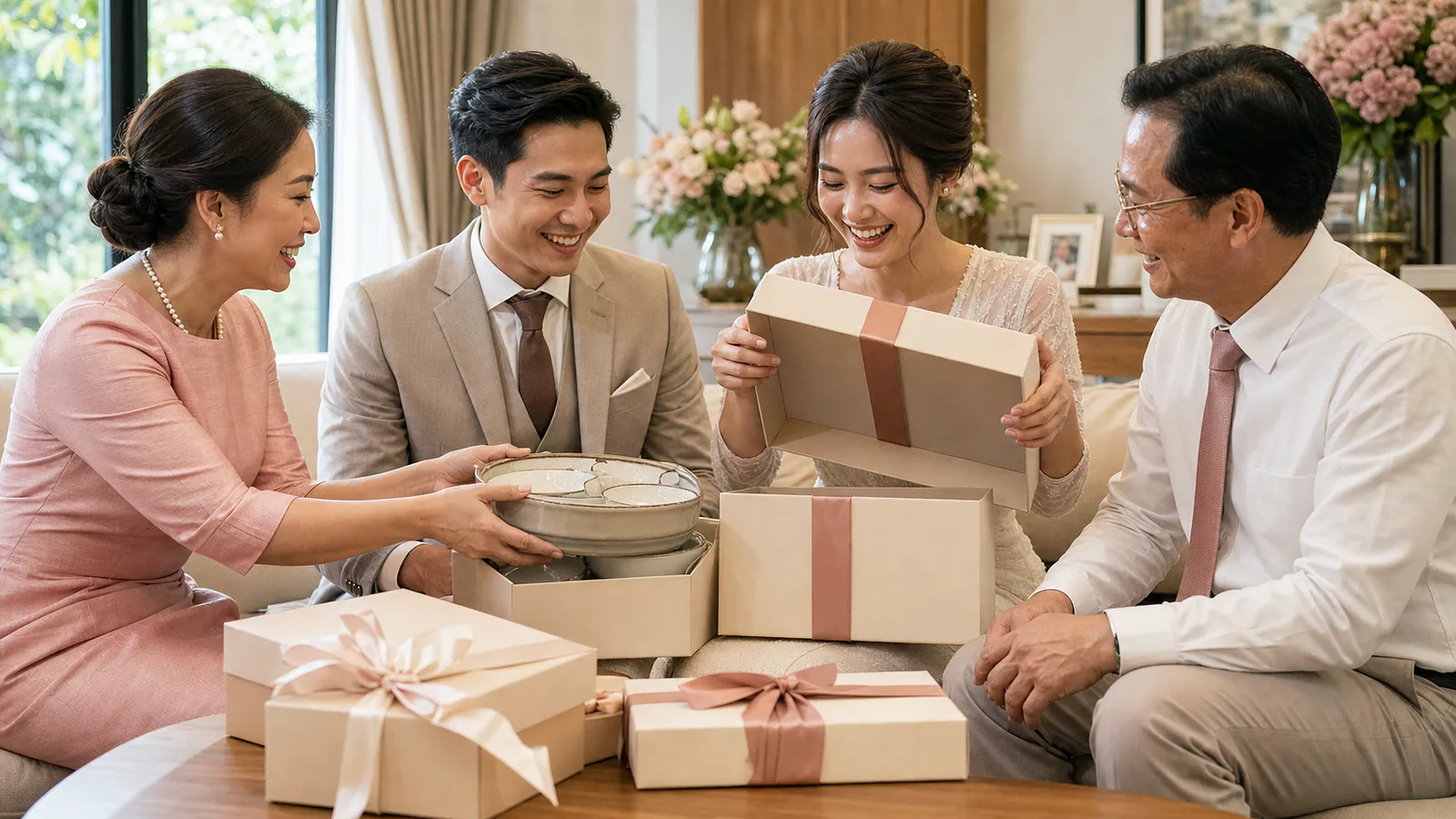คู่ข้าวใหม่ปลามันไทยเปิดของขวัญแต่งงานร่วมกับครอบครัว