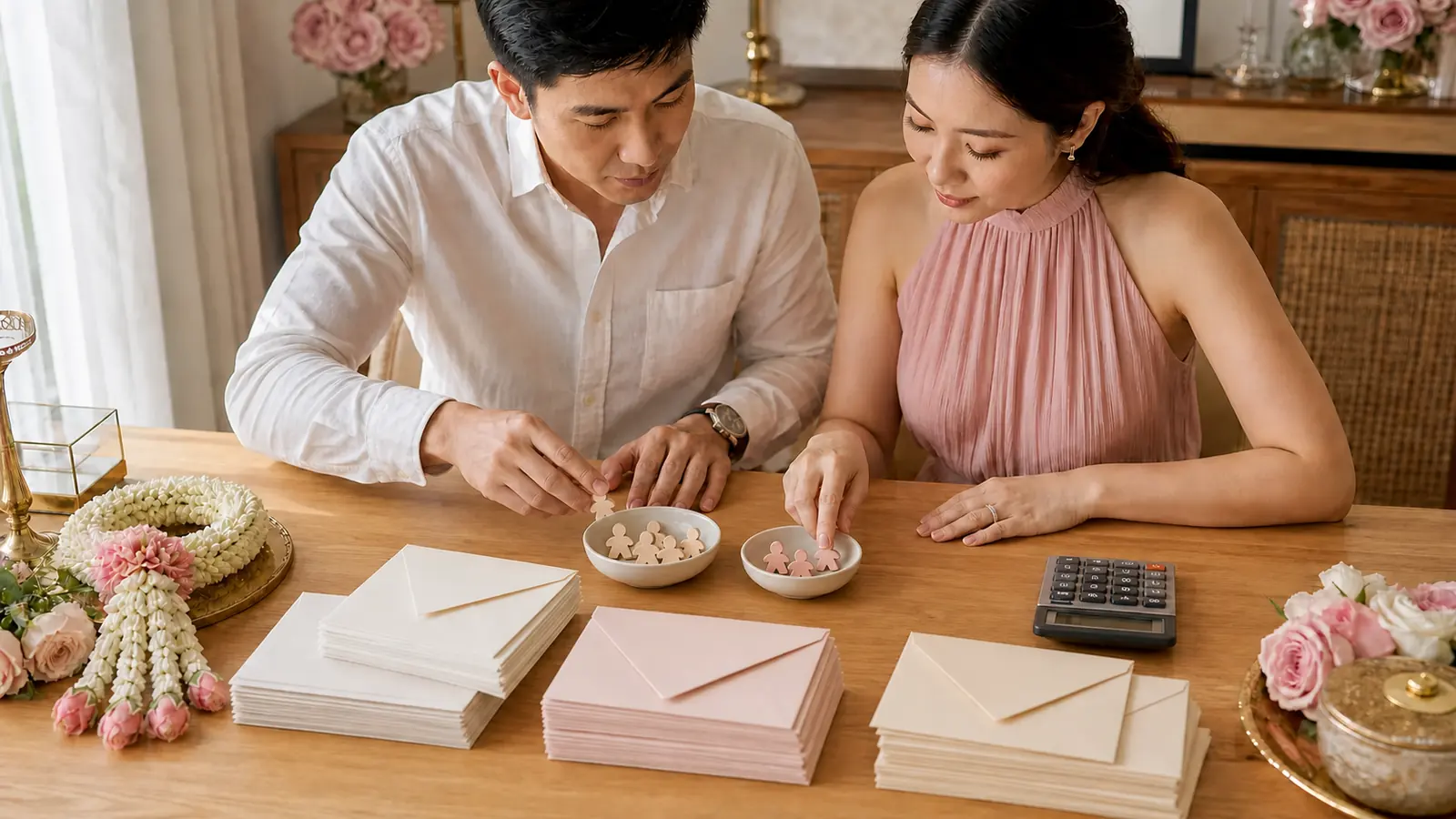 คู่รักไทยนับการ์ดเชิญเป็นชุดด้วยเหรียญไม้และเครื่องคิดเลข