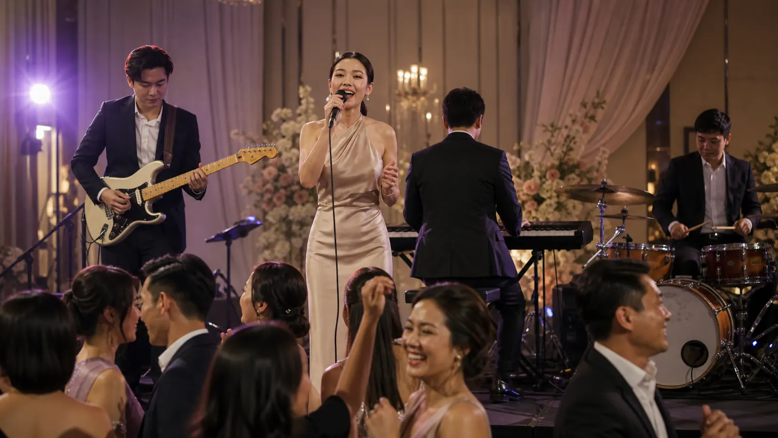 A lively professional wedding band performing on a well-lit stage with guests enjoying the music