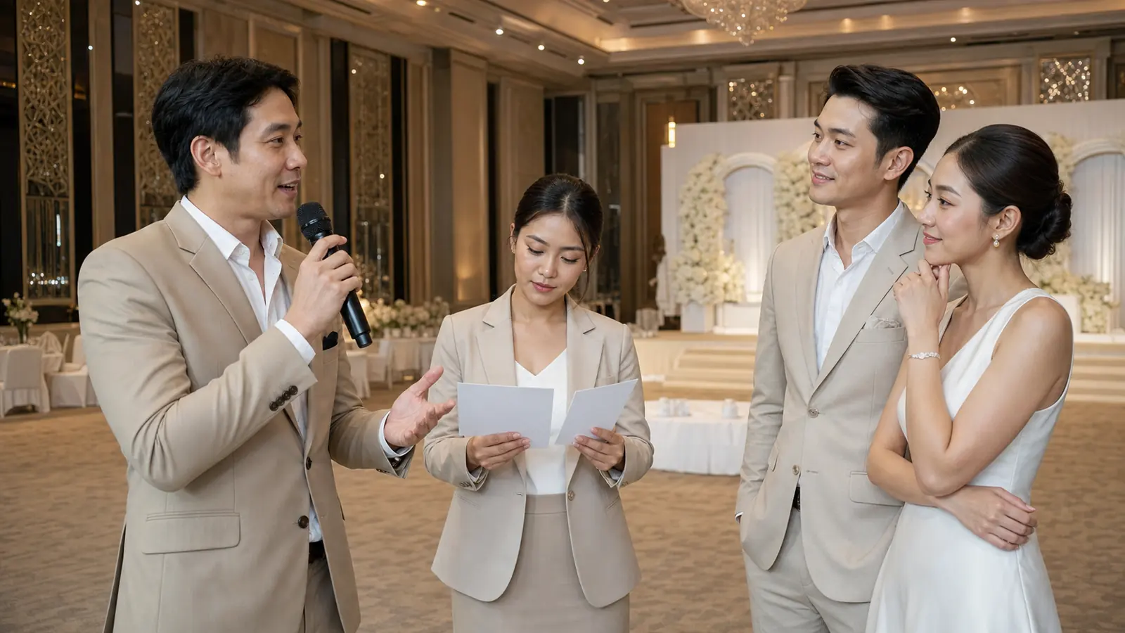 พิธีกรงานแต่งไทยซ้อมคิวกับการ์ดคำพูดและผู้ประสานงาน