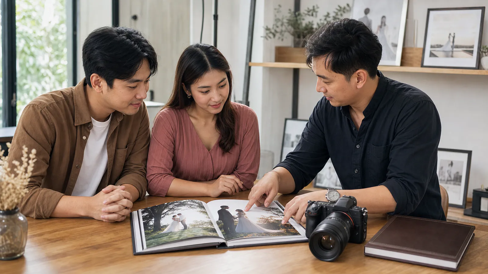 คู่รักไทยดูผลงานภาพแต่งงานกับช่างภาพและกล้อง