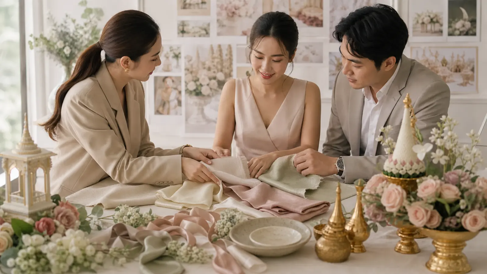 คู่รักไทยเลือกผ้าไหม ดอกไม้ และพาเลตต์สีสำหรับธีมงานแต่ง