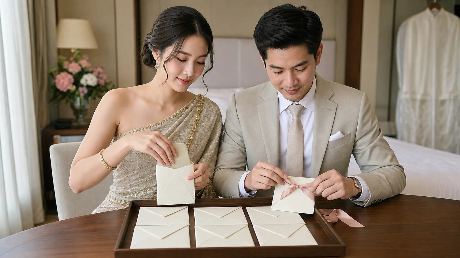 คู่รักไทยเตรียมซองขอบคุณสำหรับทีมผู้ให้บริการงานแต่ง