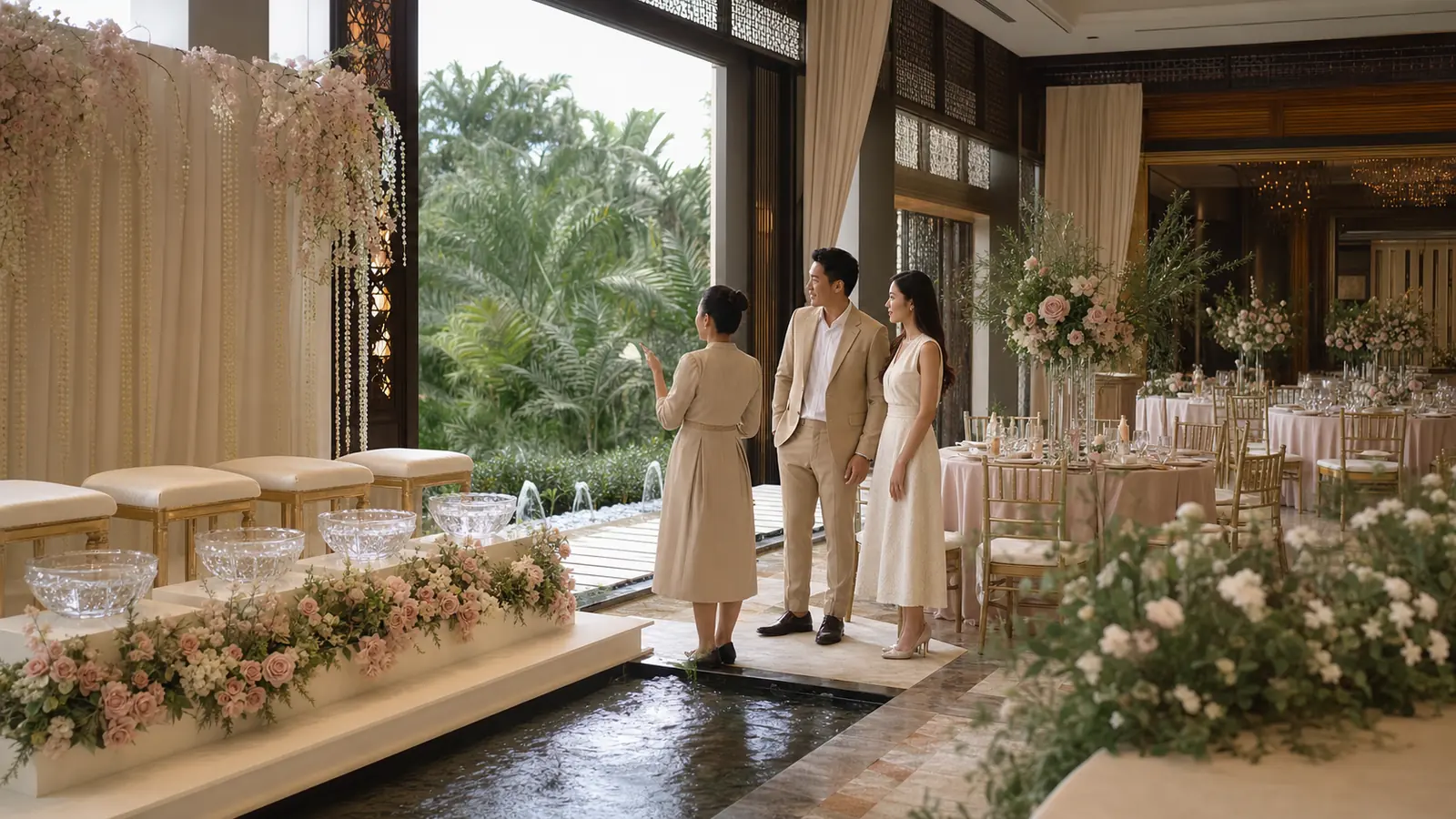 คู่รักไทยเดินชมพื้นที่จัดพิธีและงานเลี้ยงกับผู้ประสานงานสถานที่