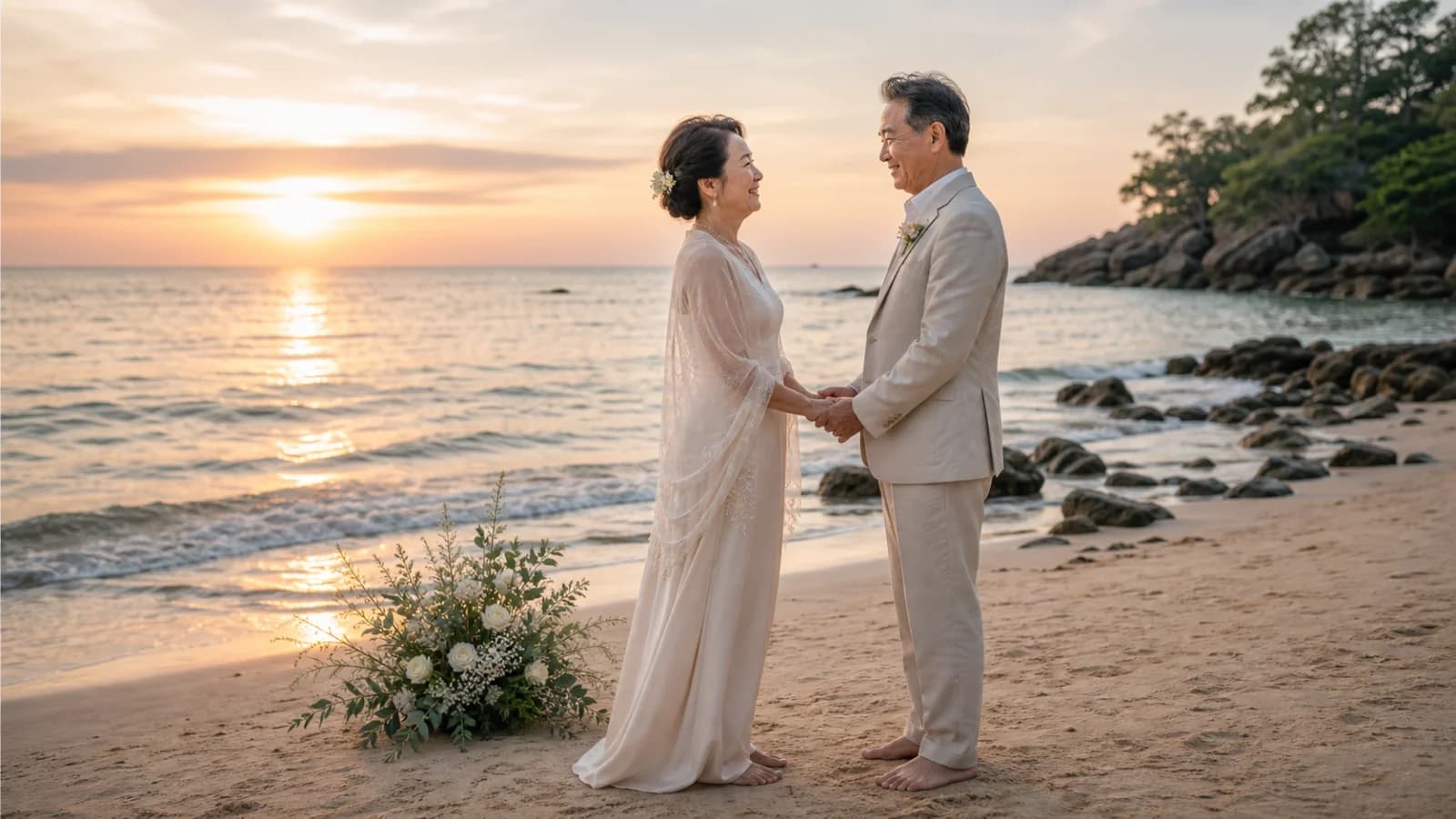 คู่รักจับมือกันริมทะเลในบรรยากาศโรแมนติก