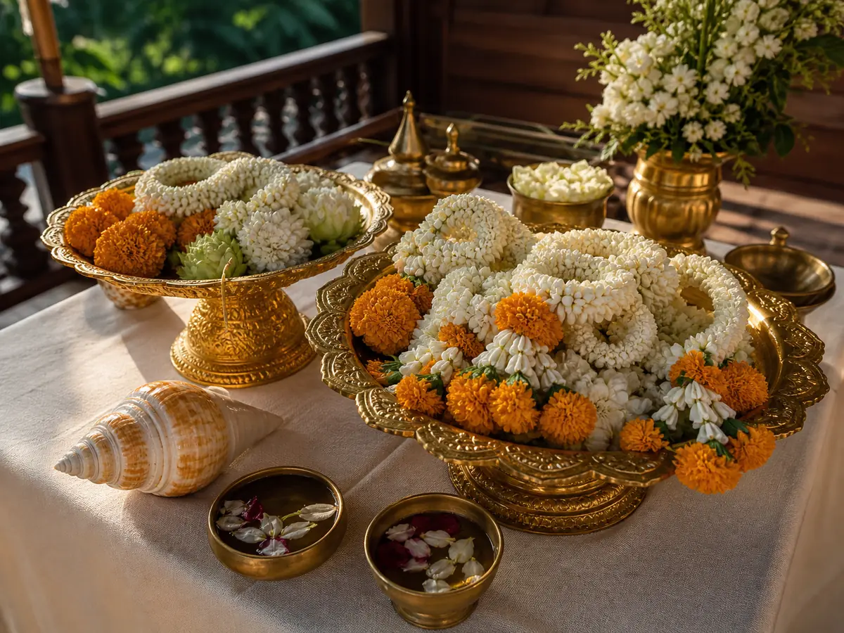 พานพุ่มดอกไม้และเครื่องบูชาในพิธีมงคลสมรสไทยจัดวางรอเวลาฤกษ์ช่วงเช้า