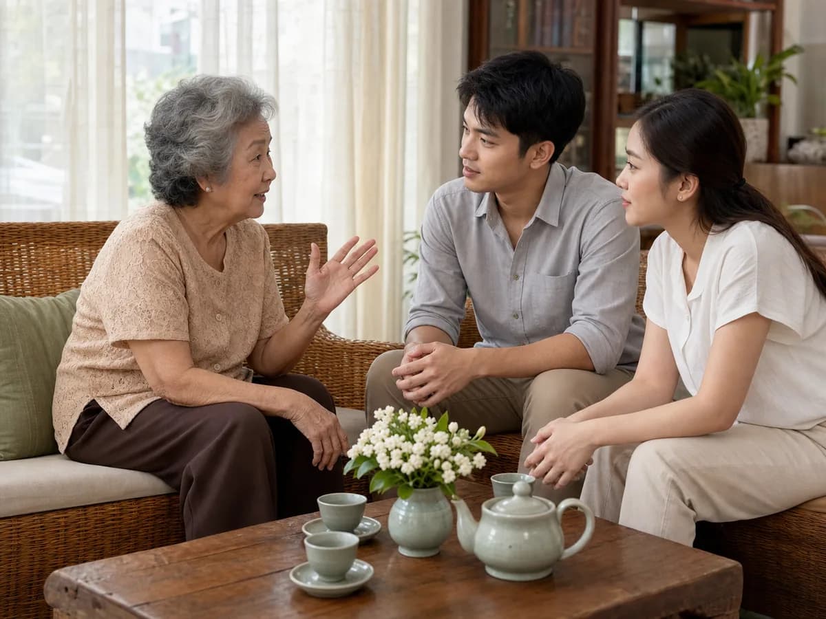 ผู้ใหญ่ในครอบครัวนั่งคุยกับคู่บ่าวสาวไทยเพื่อตกลงวันฤกษ์แต่งงาน