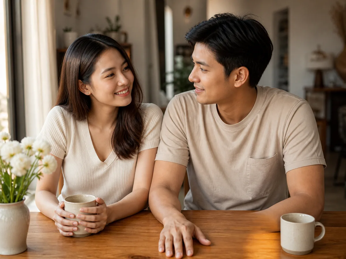 คู่บ่าวสาวไทยนั่งคุยกันที่โต๊ะไม้ในบ้านพร้อมแก้วกาแฟ ระหว่างตกลงเลือกวันจัดงาน