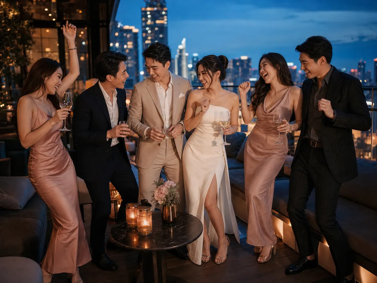 ว่าที่บ่าวสาวชาวไทยฉลองปาร์ตี้สละโสดกับเพื่อนสนิทบนรูฟท็อปยามค่ำ